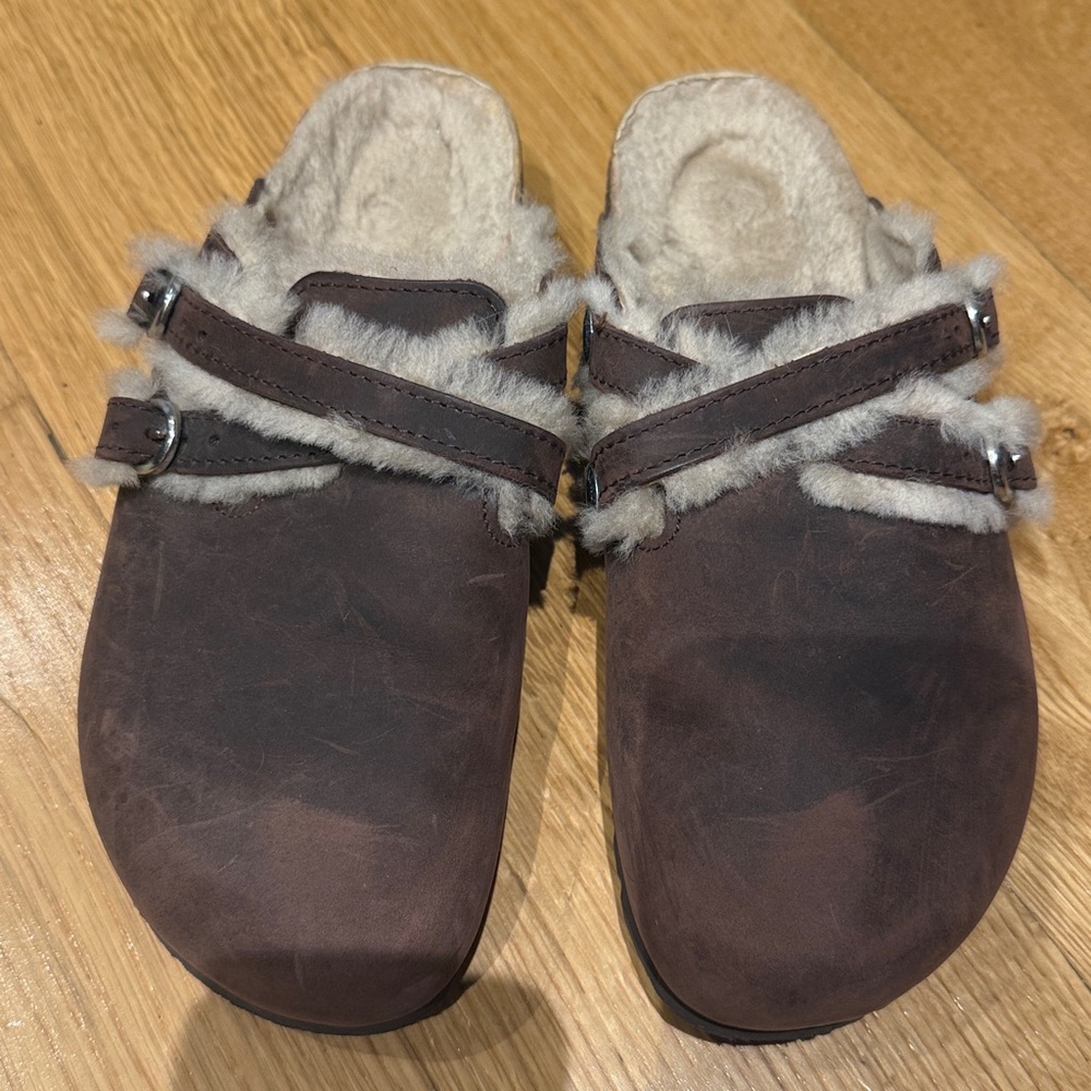 Birkenstock Brown Suede Shearling-Trim Clogs